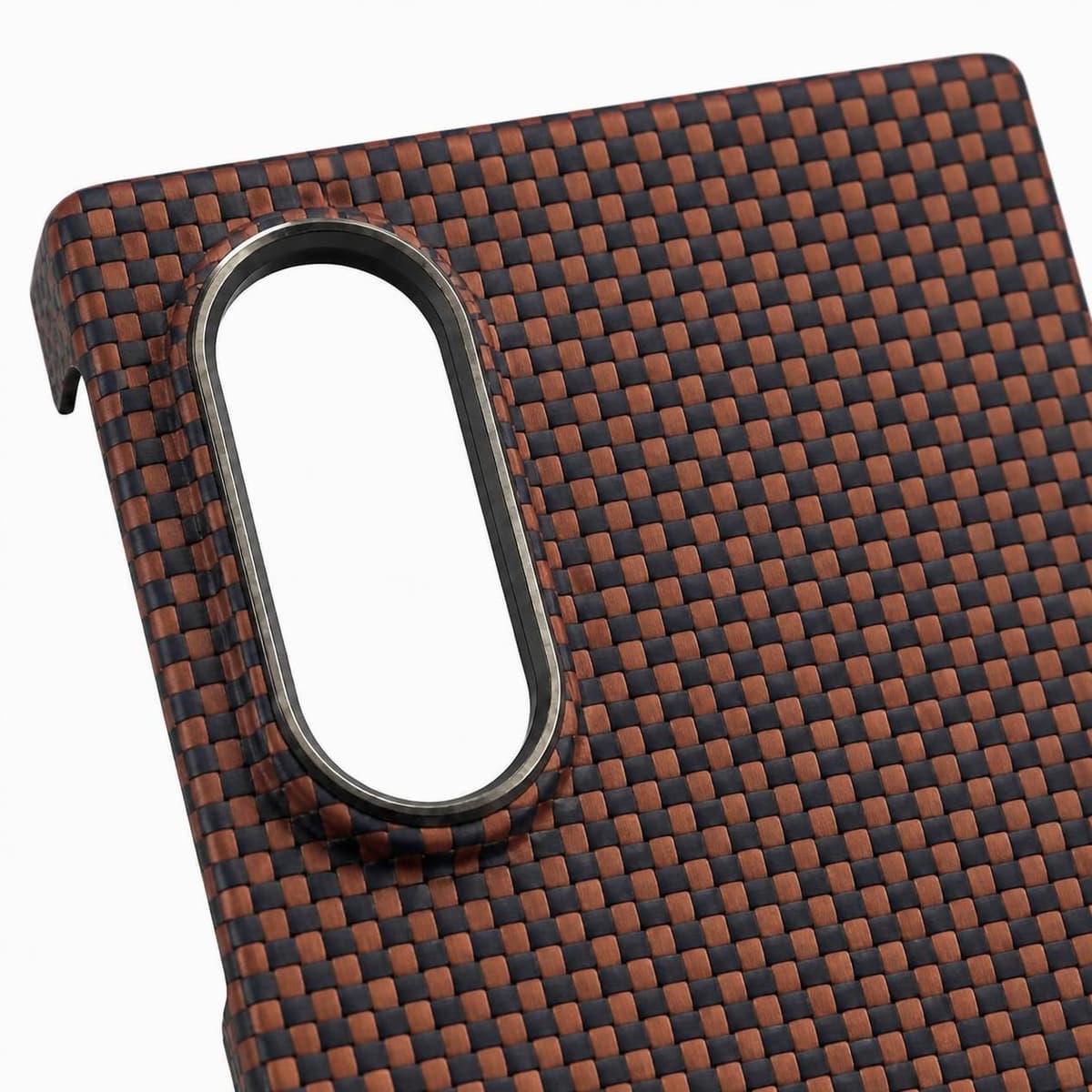 Camera detail: raised surround with a metal ring around the lenses, Red Sunrise navy, copper and red weave