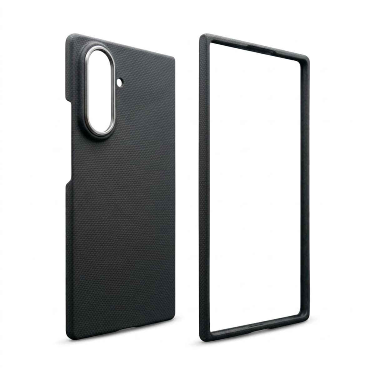 Alternative angled view of the black Galaxy Z Fold8 Ultra case and front frame showing the edges
