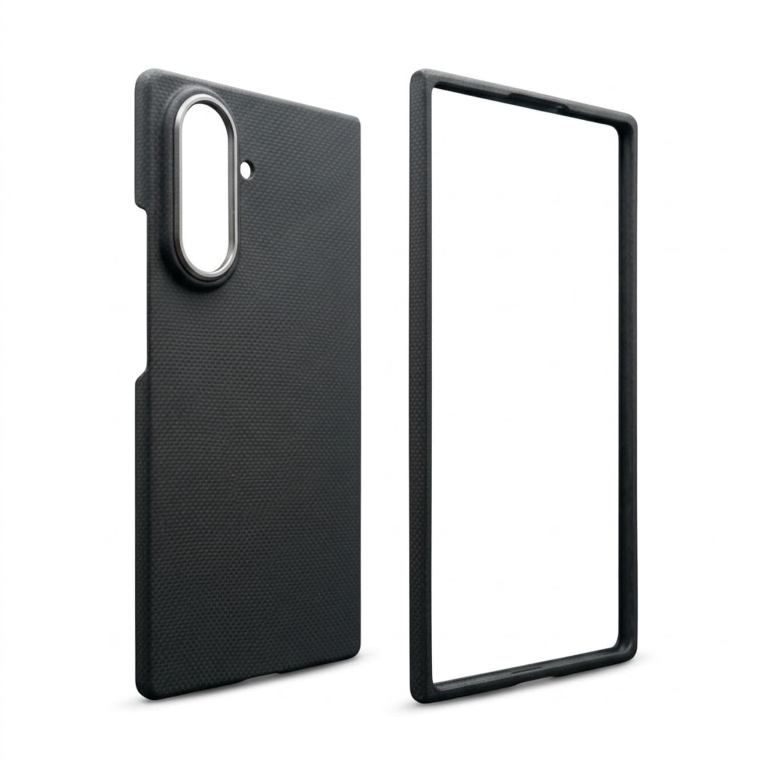 Alternative angled view of the black Galaxy Z Fold8 Ultra case and front frame showing the edges