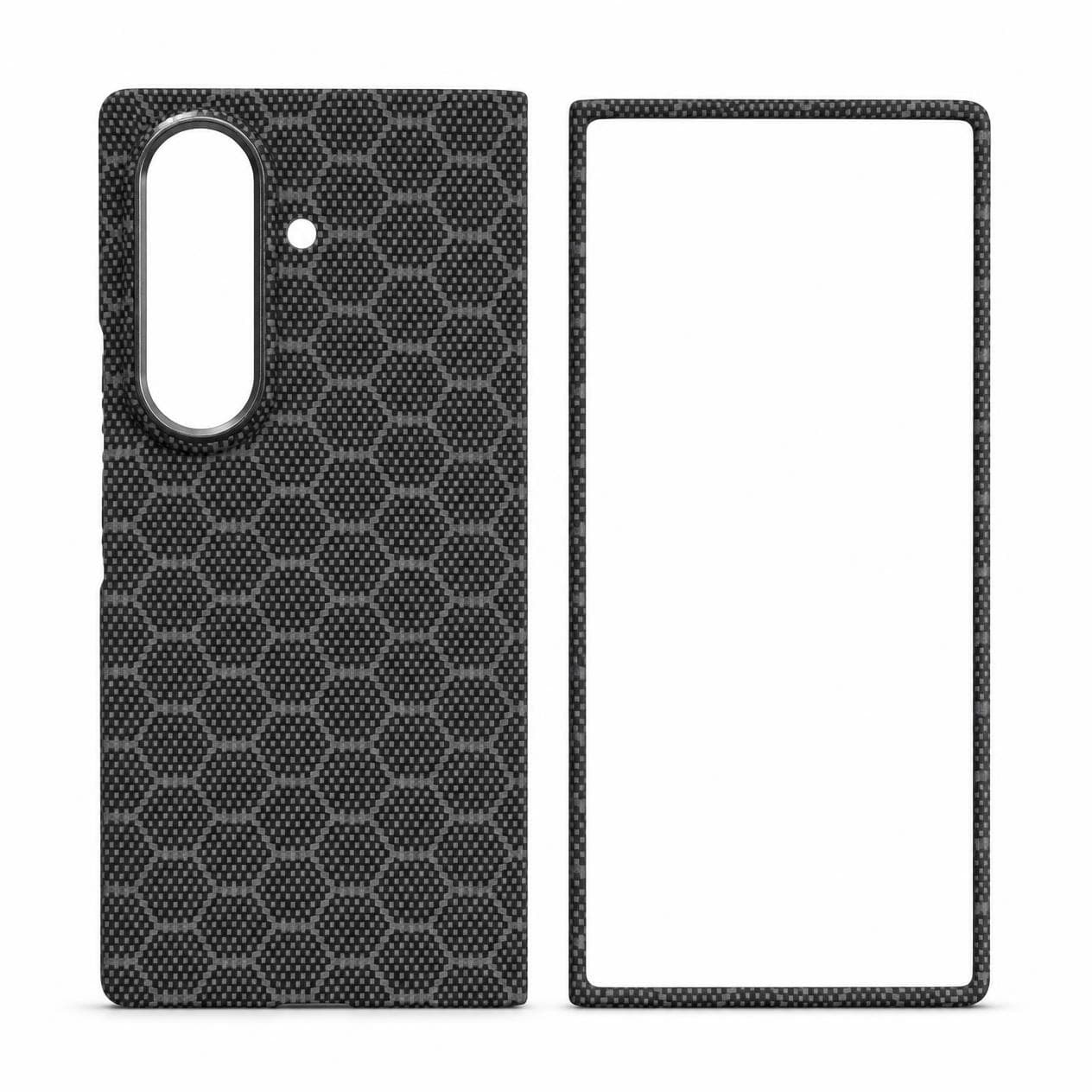 Galaxy Z Fold8 Ultra carbon fiber case, grey honeycomb pattern — back cover and front frame