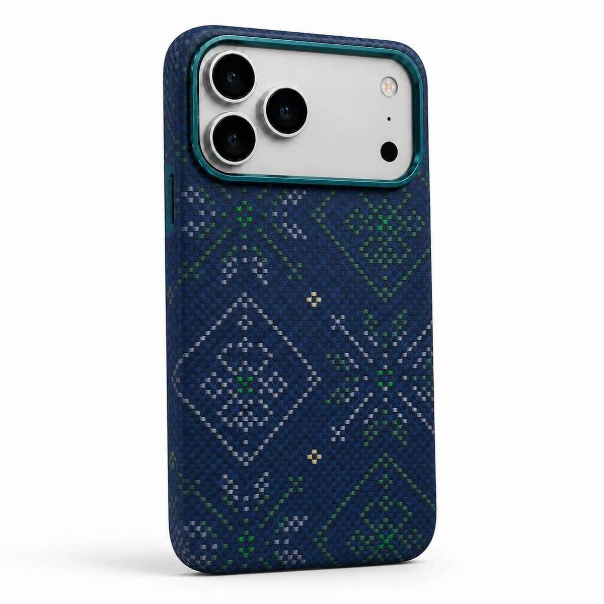 Carbon Fiber Case for iPhone 18 Pro Max — Blue Green Geometric — Camera Ring Stand