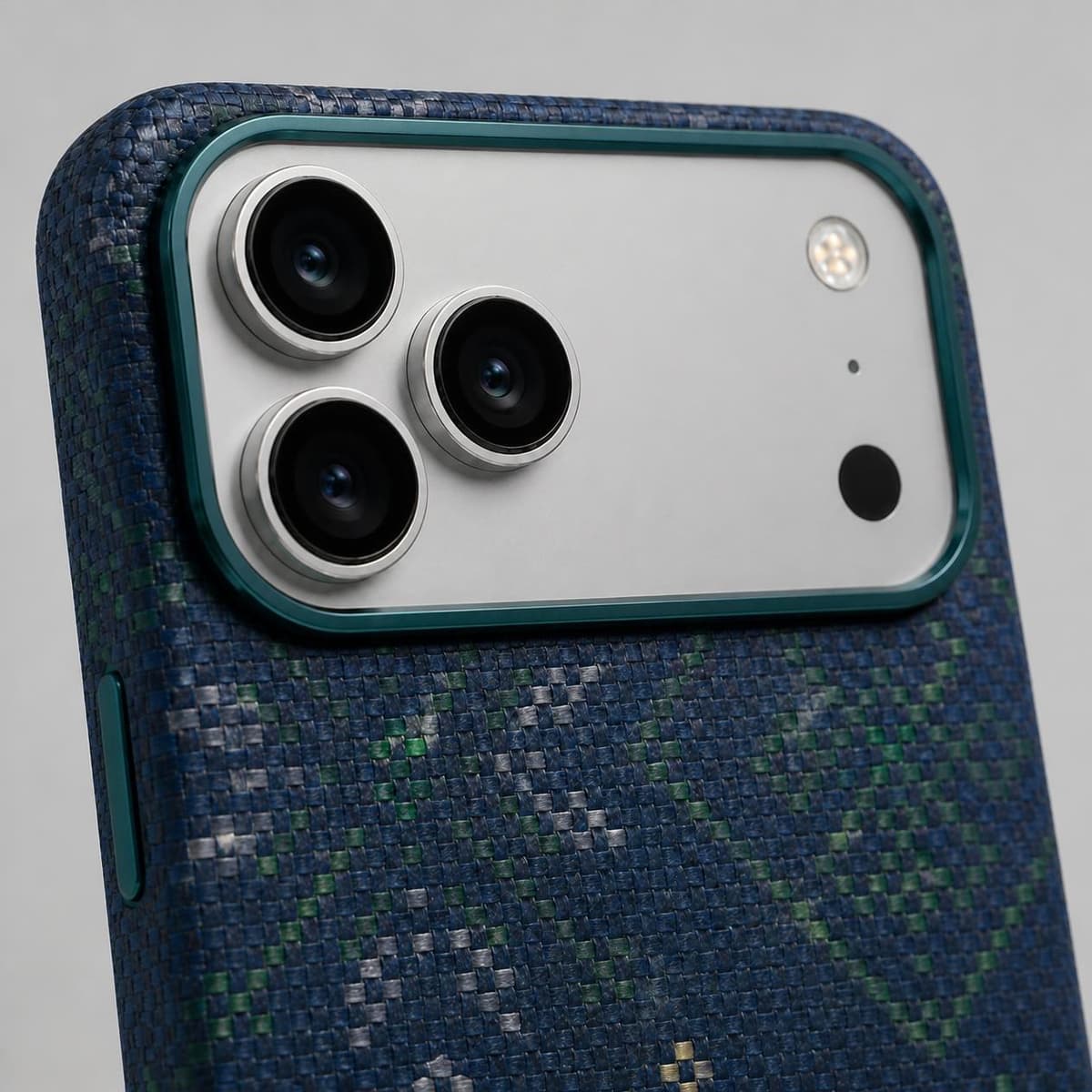 Carbon Fiber Case for iPhone 18 Pro Max — Blue Green Geometric — Camera Ring Stand
