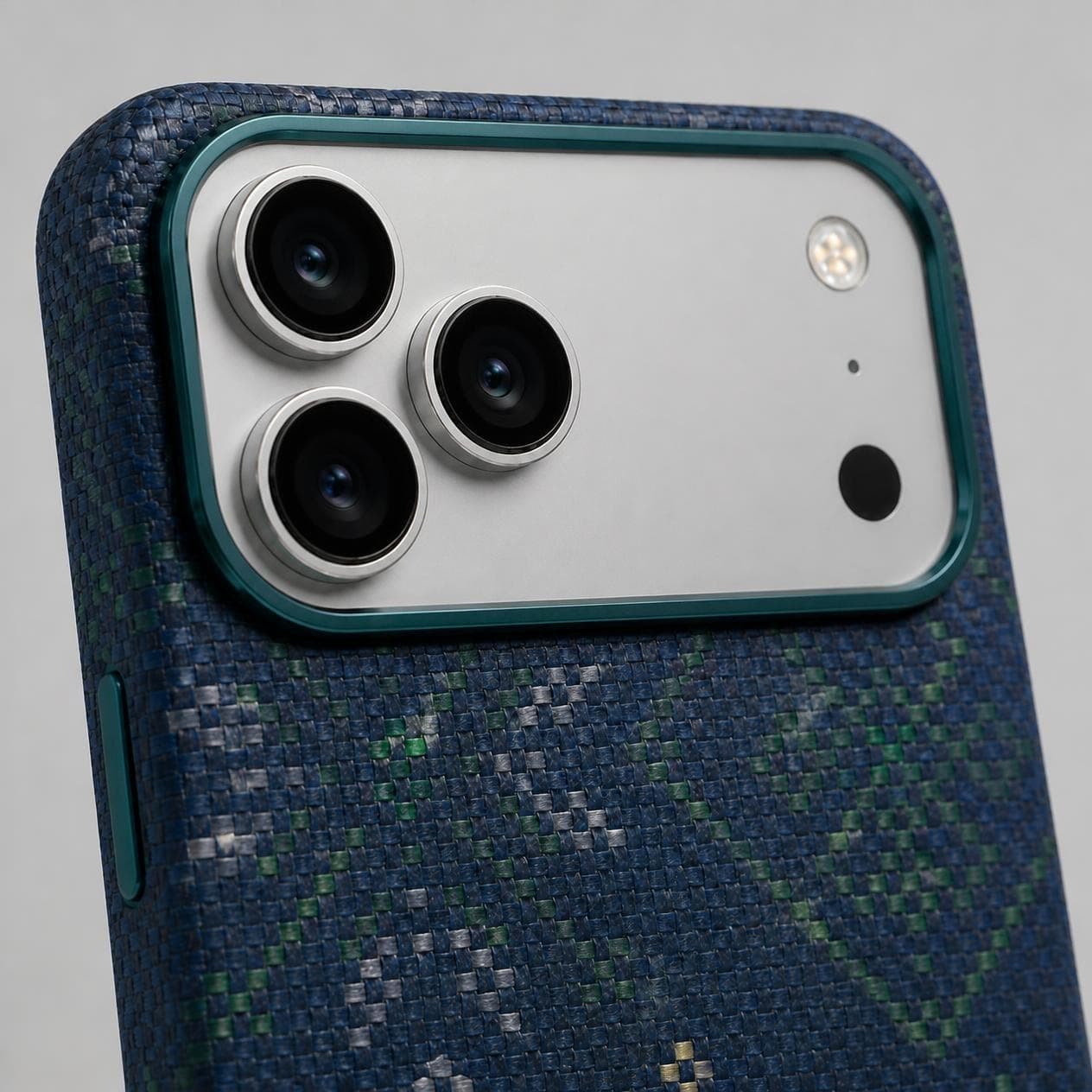 Carbon Fiber Case for iPhone 18 Pro Max — Blue Green Geometric — Camera Ring Stand