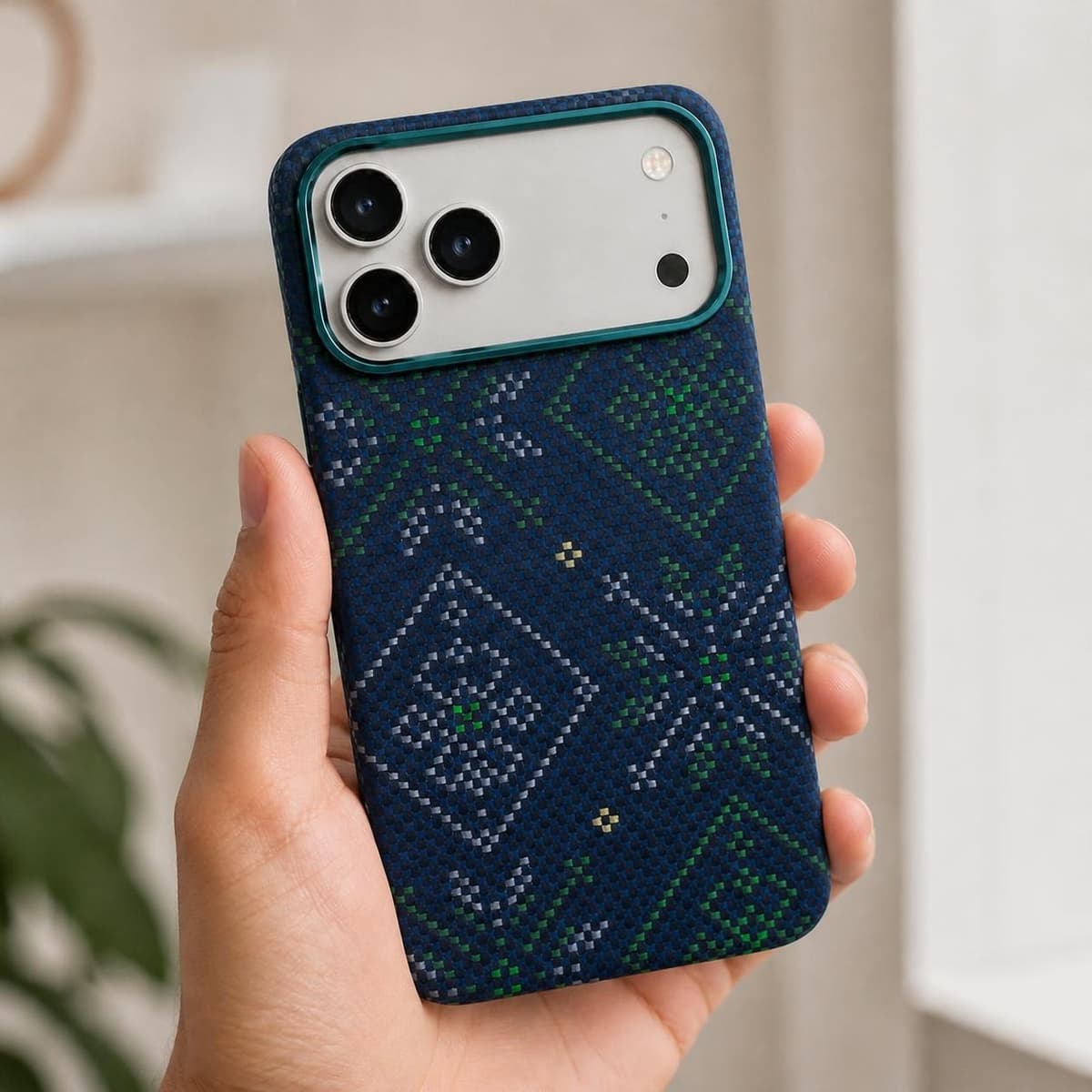 Carbon Fiber Case for iPhone 18 Pro — Blue Green Geometric — Camera Ring Stand