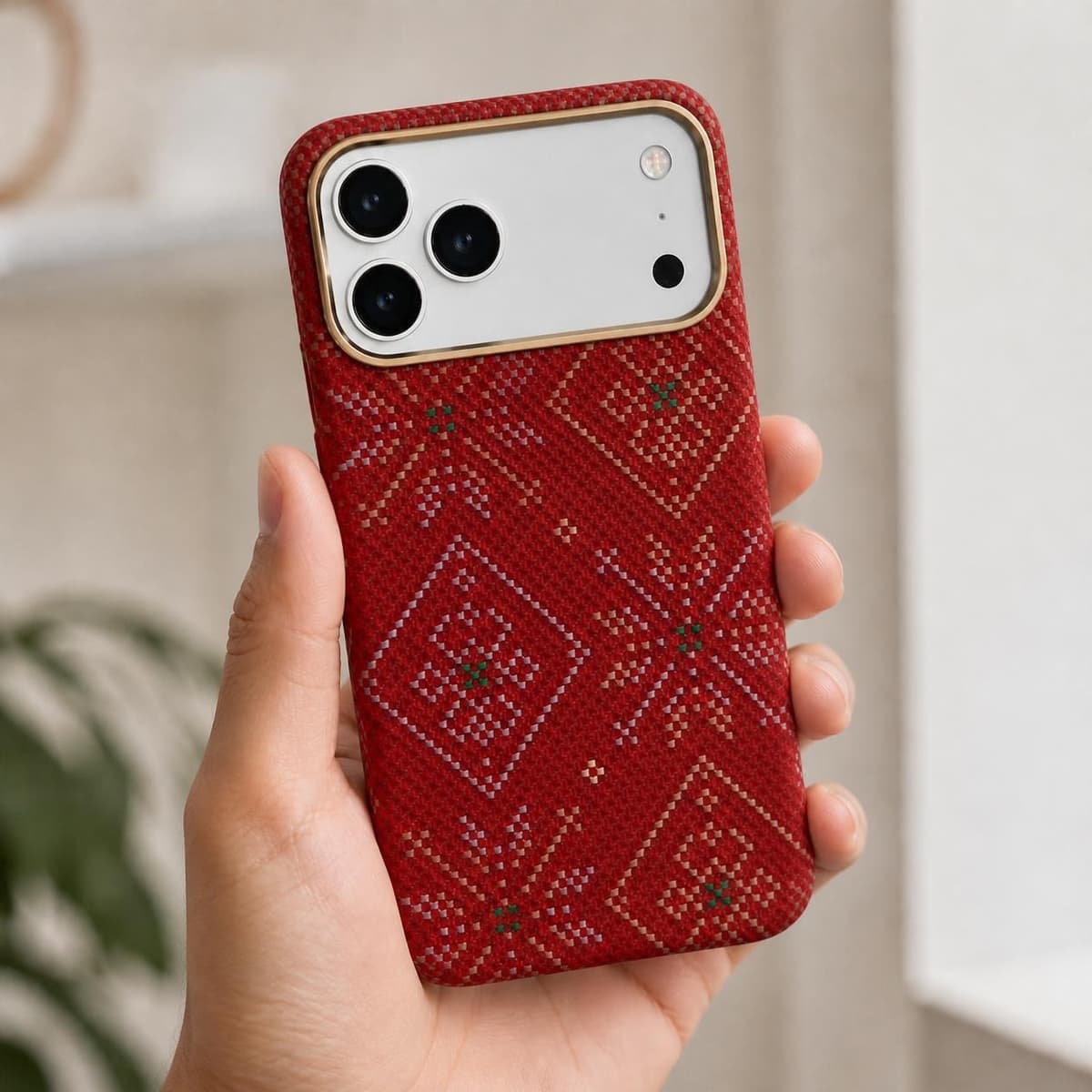 كفر كاربون فايبر لهاتف iPhone 18 Pro — نقشة هندسية حمراء