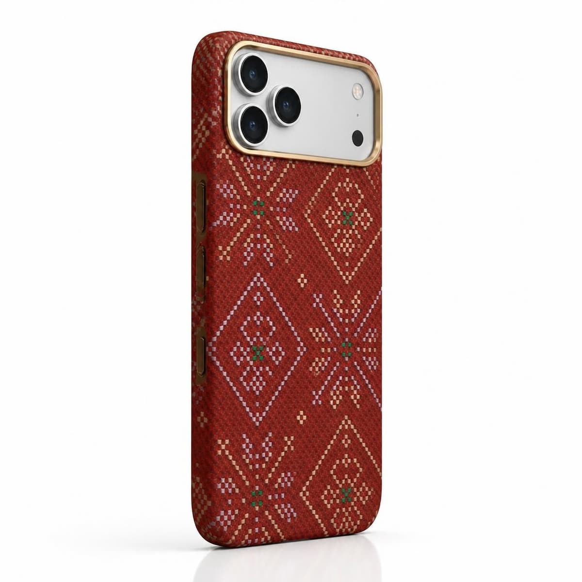 كفر كاربون فايبر لهاتف iPhone 18 Pro — نقشة هندسية حمراء بحامل عند إطار الكاميرا
