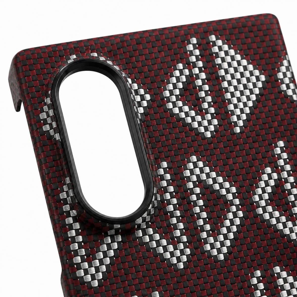 Galaxy Z Fold8 carbon fiber case, red silver geometric pattern — camera cutout detail