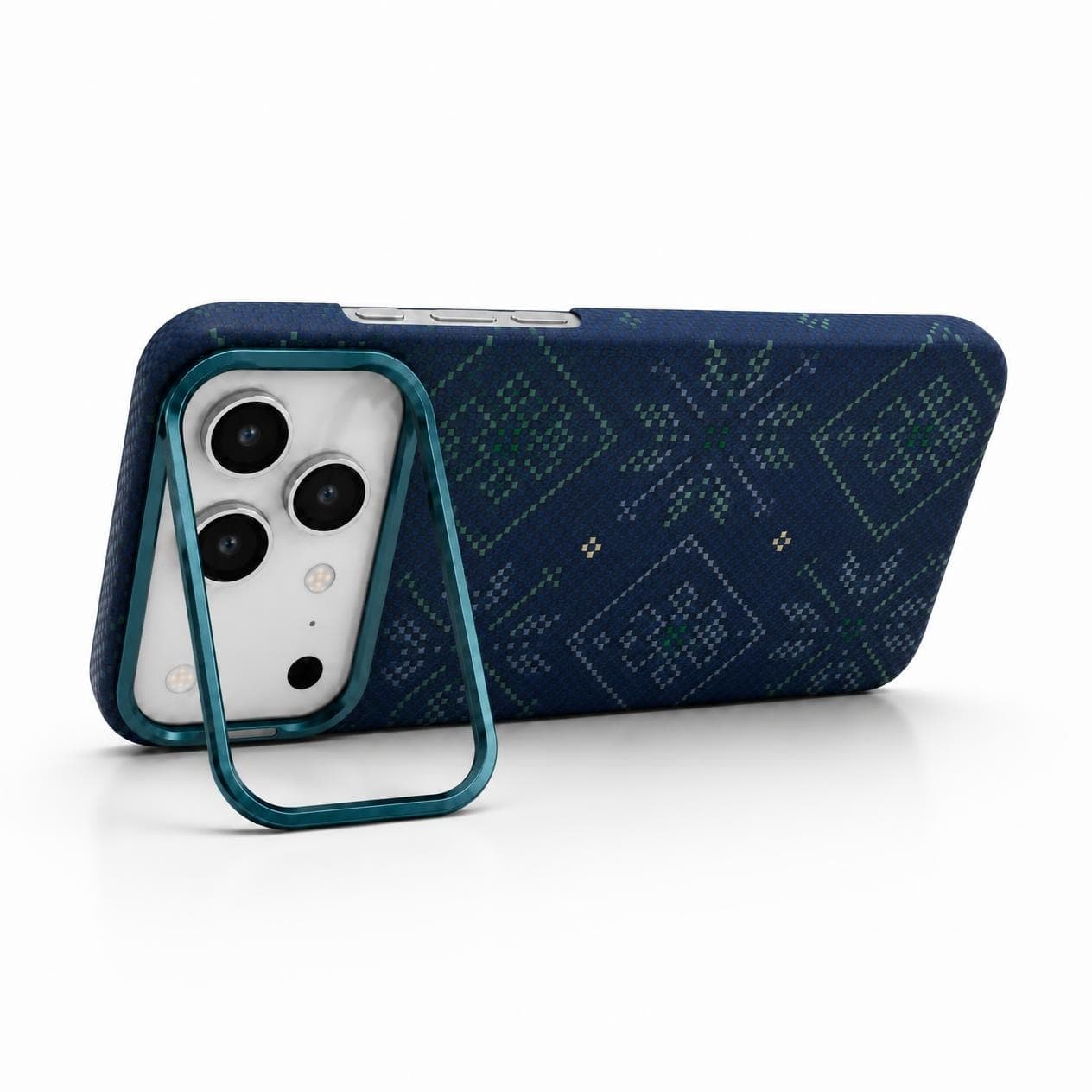 Carbon Fiber Case for iPhone 18 Pro Max — Blue Green Geometric — Camera Ring Stand