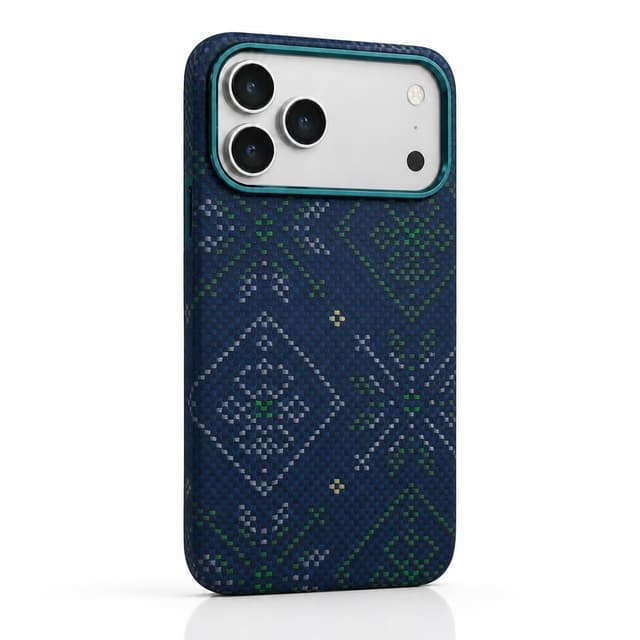كفر كاربون فايبر لهاتف iPhone 18 Pro — نقشة هندسية زرقاء وخضراء بحامل عند إطار الكاميرا