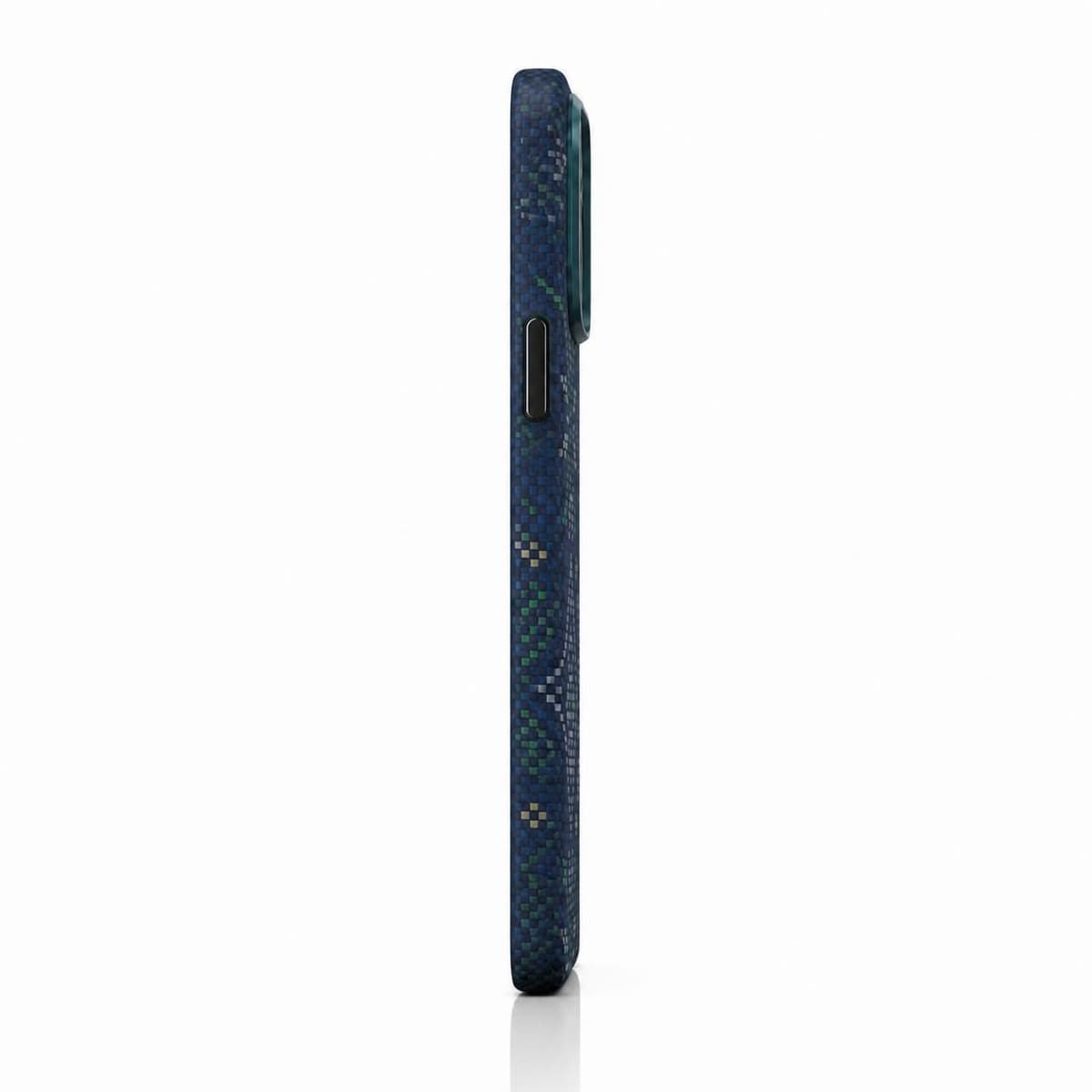 Carbon Fiber Case for iPhone 18 Pro — Blue Green Geometric — Camera Ring Stand
