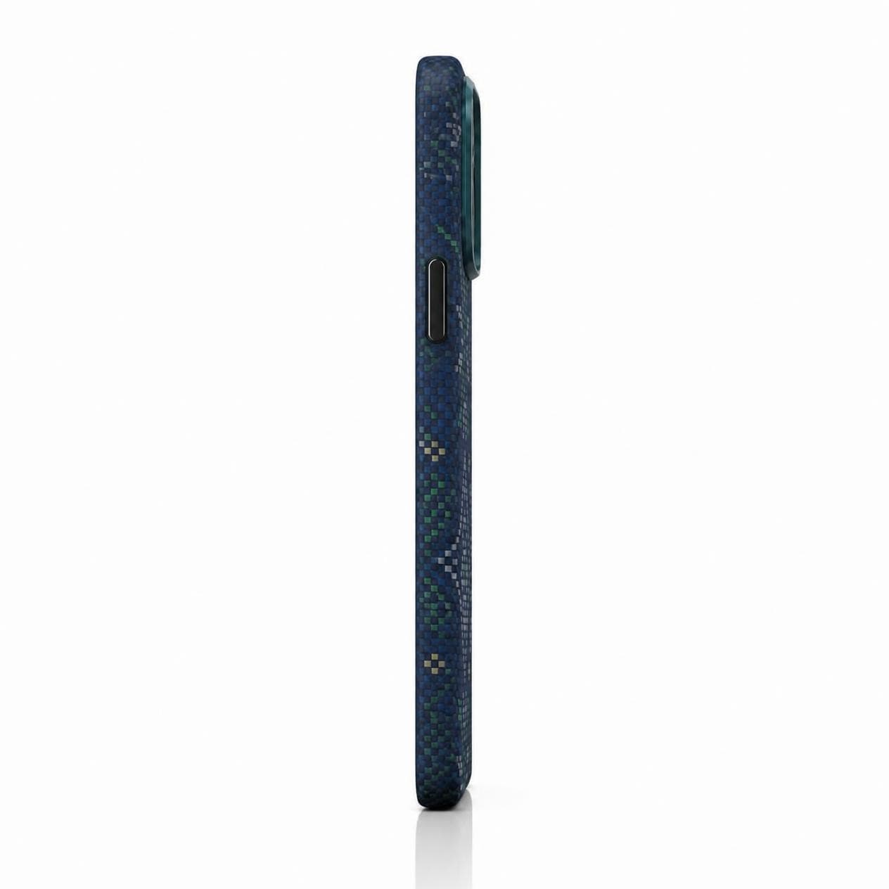 Carbon Fiber Case for iPhone 18 Pro — Blue Green Geometric — Camera Ring Stand