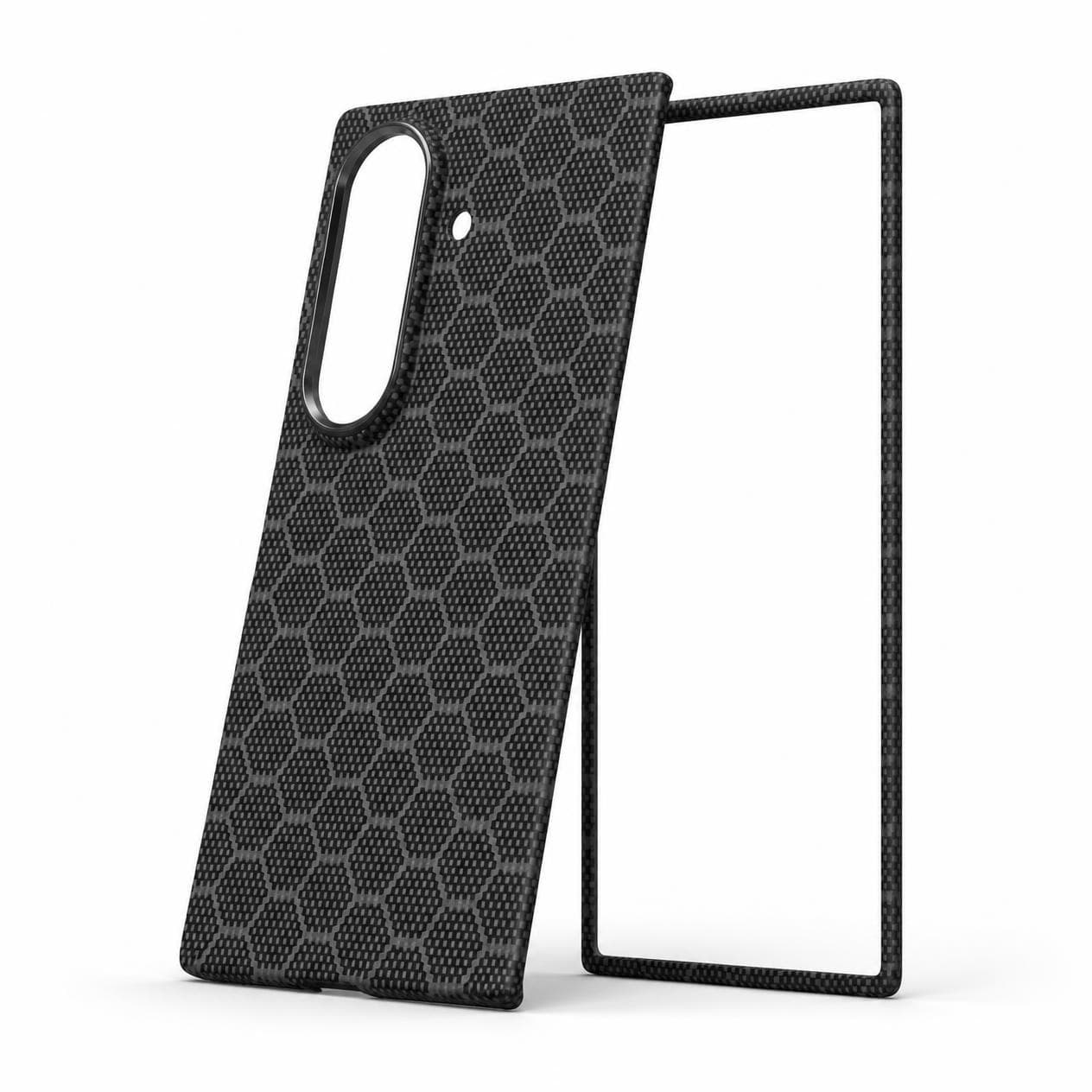 Galaxy Z Fold8 Ultra carbon fiber case, grey honeycomb pattern — side angle showing the slim profile