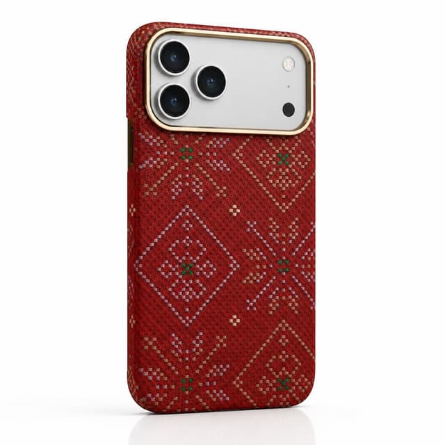 كفر كاربون فايبر لهاتف iPhone 18 Pro — نقشة هندسية حمراء بحامل عند إطار الكاميرا