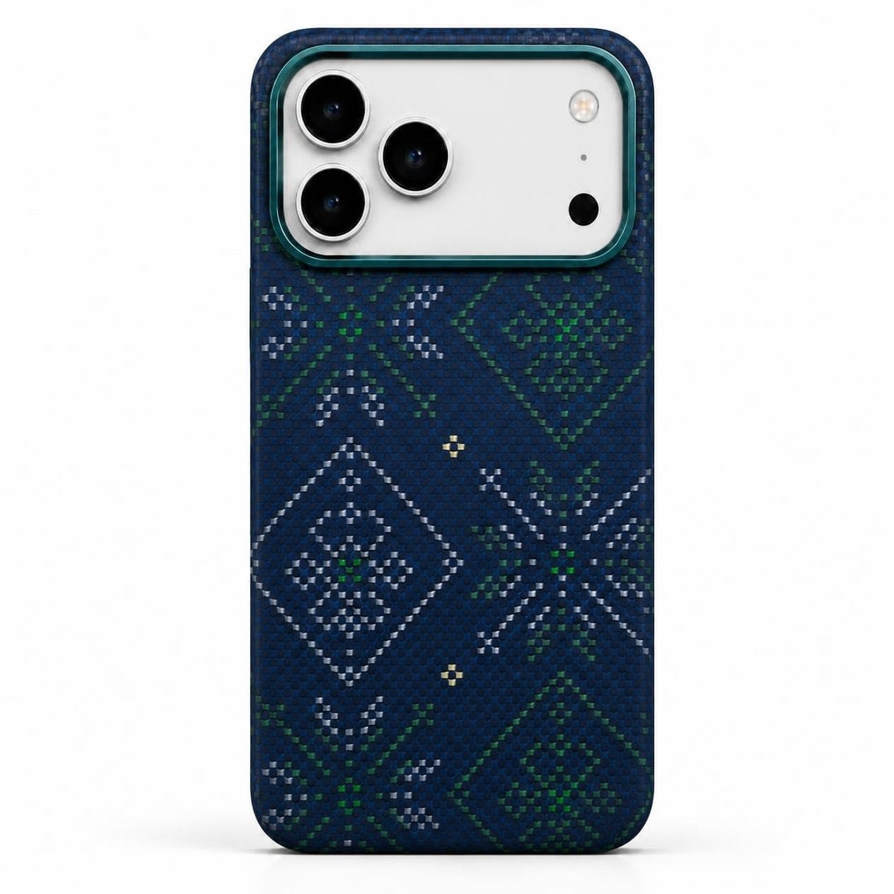 كفر كاربون فايبر لهاتف iPhone 18 Pro Max — نقشة هندسية زرقاء وخضراء