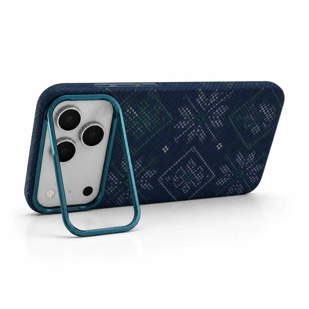 Carbon Fiber Case for iPhone 18 Pro — Blue Green Geometric — Camera Ring Stand