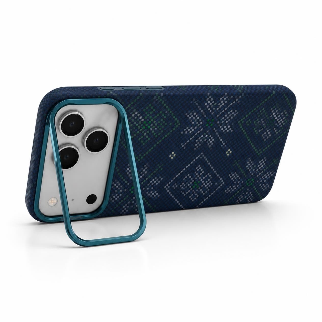 Carbon Fiber Case for iPhone 18 Pro — Blue Green Geometric — Camera Ring Stand