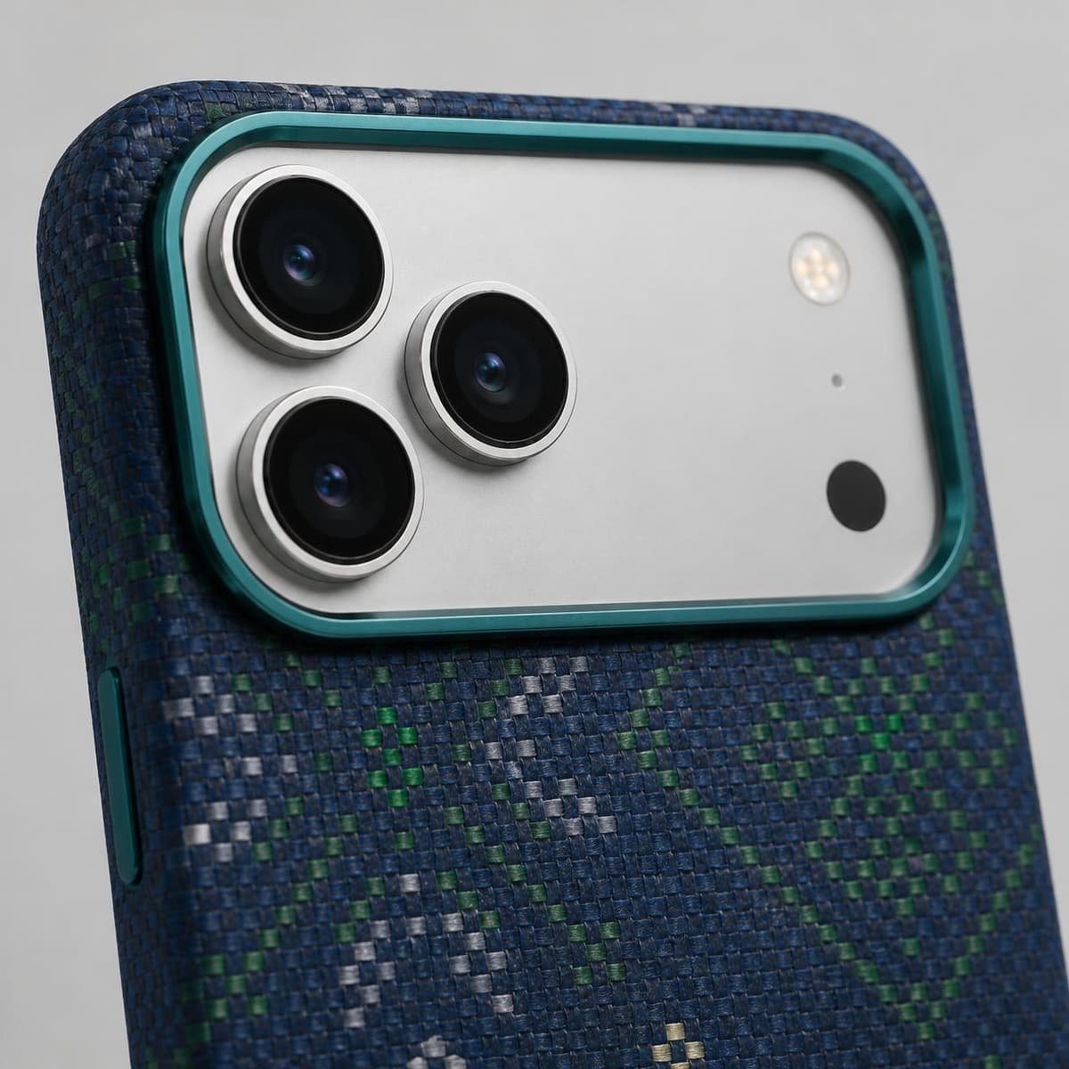 Carbon Fiber Case for iPhone 18 Pro — Blue Green Geometric — Camera Ring Stand