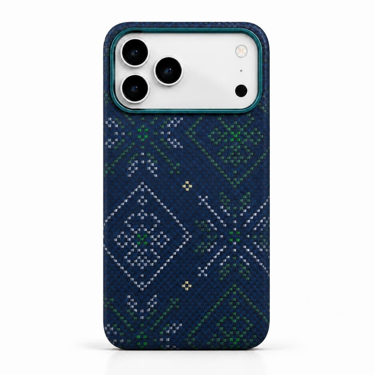 كفر كاربون فايبر لهاتف iPhone 18 Pro — نقشة هندسية زرقاء وخضراء