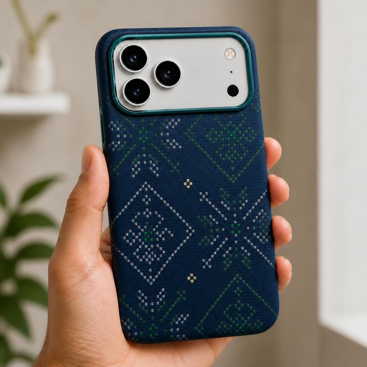 كفر كاربون فايبر لهاتف iPhone 18 Pro Max — نقشة هندسية زرقاء وخضراء