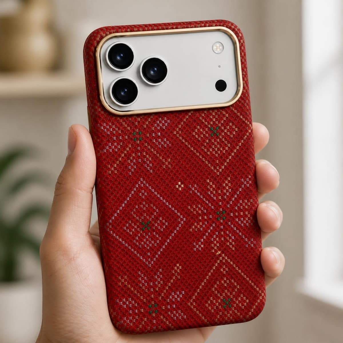 كفر كاربون فايبر لهاتف iPhone 18 Pro Max — نقشة هندسية حمراء