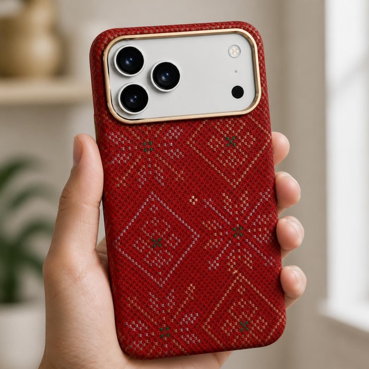 كفر كاربون فايبر لهاتف iPhone 18 Pro Max — نقشة هندسية حمراء