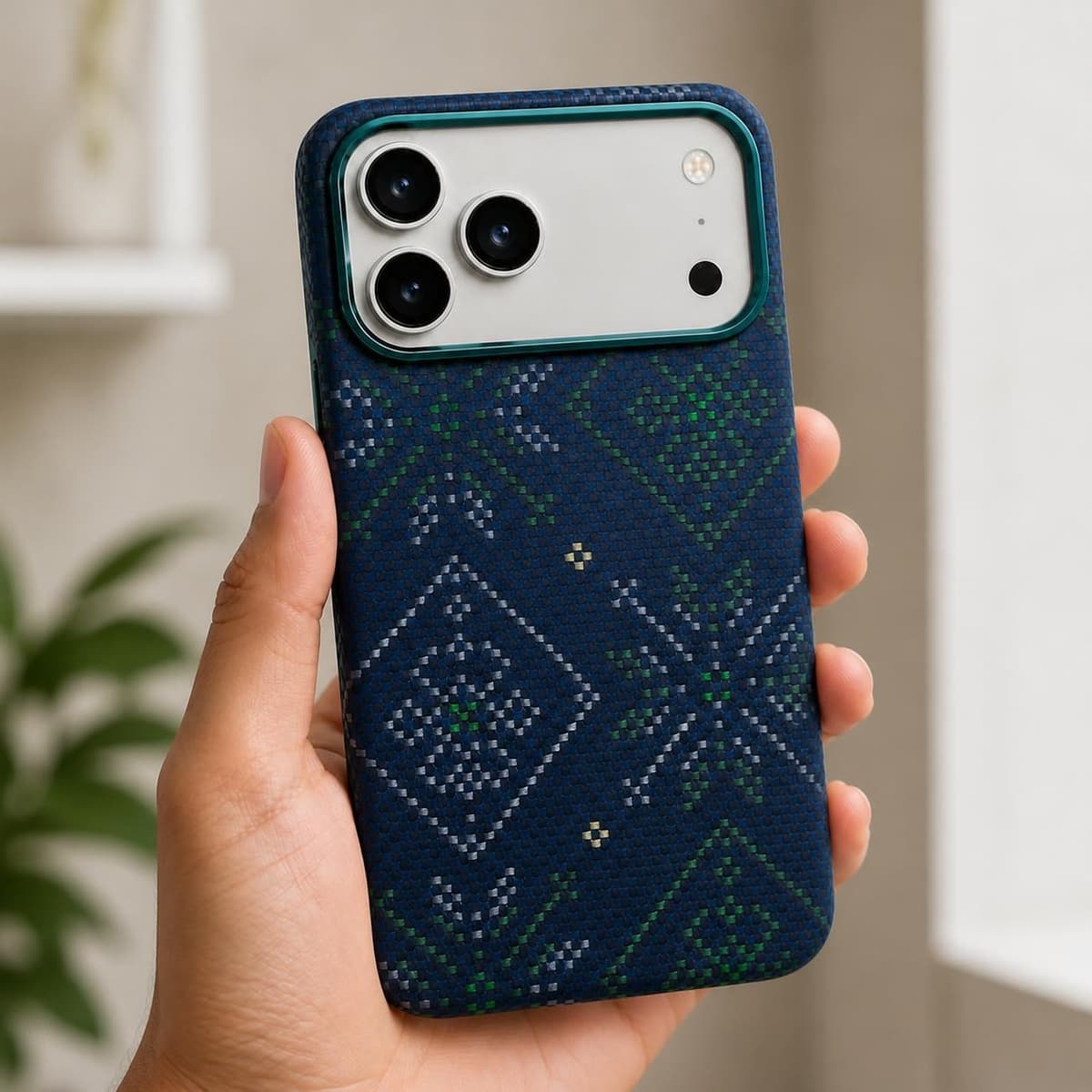 كفر كاربون فايبر لهاتف iPhone 18 Pro — نقشة هندسية زرقاء وخضراء