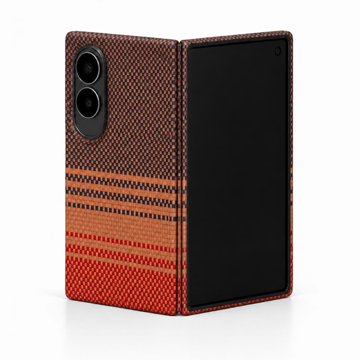 Carbon fiber case with Red Sunrise navy, copper and red weave fitted on a Galaxy Z Fold8