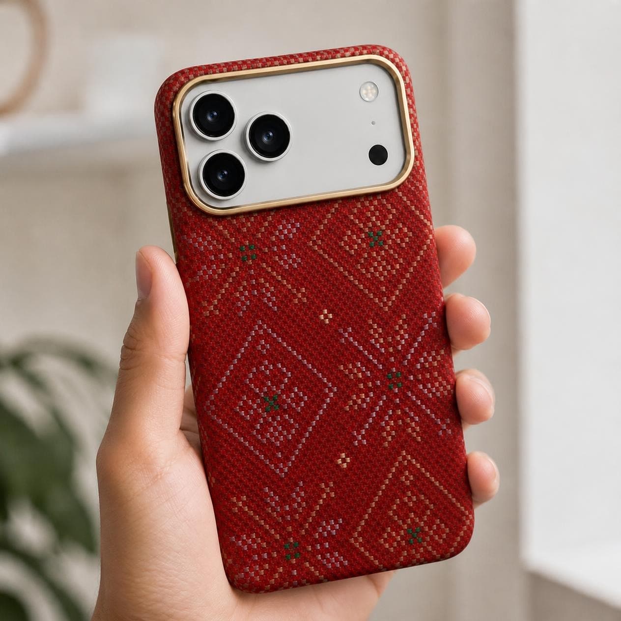 كفر كاربون فايبر لهاتف iPhone 18 Pro Max — نقشة هندسية حمراء بحامل عند إطار الكاميرا