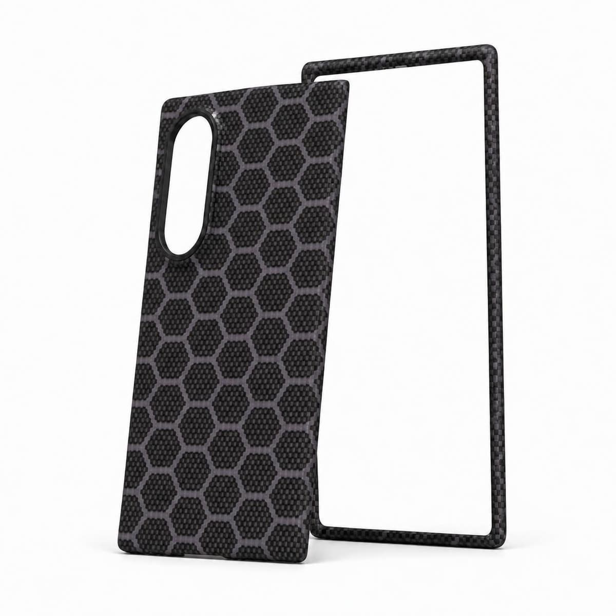 Galaxy Z Fold8 carbon fiber case at an angle showing its slim edge, gray blue honeycomb pattern