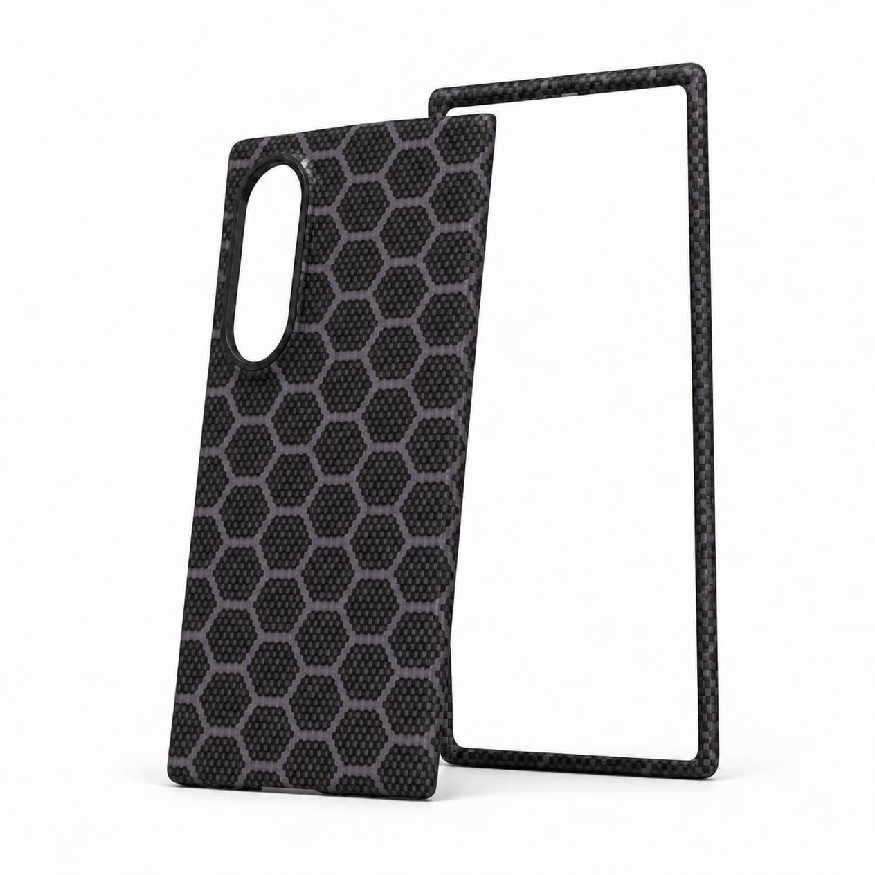 Galaxy Z Fold8 carbon fiber case at an angle showing its slim edge, gray blue honeycomb pattern