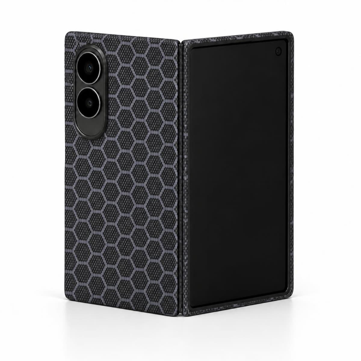 Carbon fiber case with gray blue honeycomb pattern fitted on a Galaxy Z Fold8