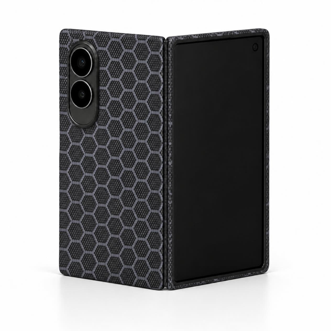 Carbon fiber case with gray blue honeycomb pattern fitted on a Galaxy Z Fold8