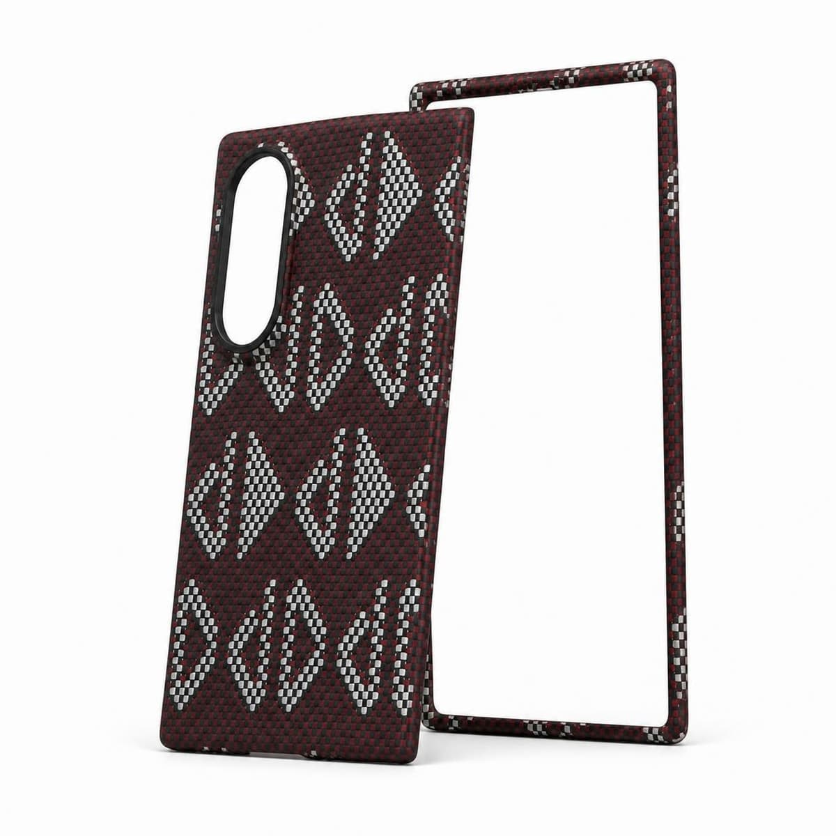 Galaxy Z Fold8 carbon fiber case, red silver geometric pattern — side angle showing the slim profile