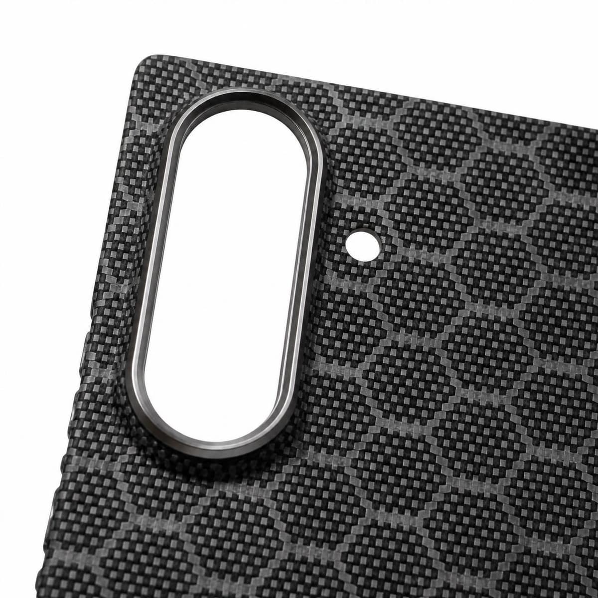 Galaxy Z Fold8 Ultra carbon fiber case, grey honeycomb pattern — camera cutout detail
