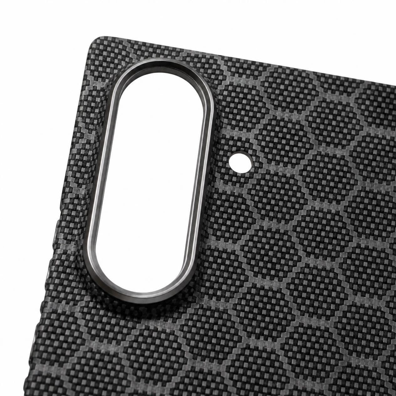 Galaxy Z Fold8 Ultra carbon fiber case, grey honeycomb pattern — camera cutout detail