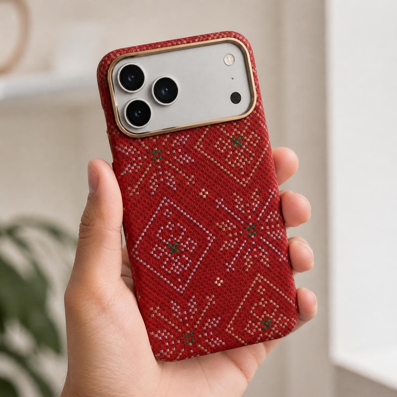 كفر كاربون فايبر لهاتف iPhone 18 Pro — نقشة هندسية حمراء بحامل عند إطار الكاميرا