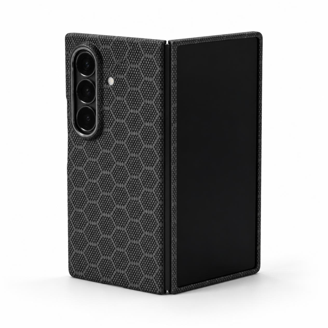 Galaxy Z Fold8 Ultra carbon fiber case, grey honeycomb pattern — on the device
