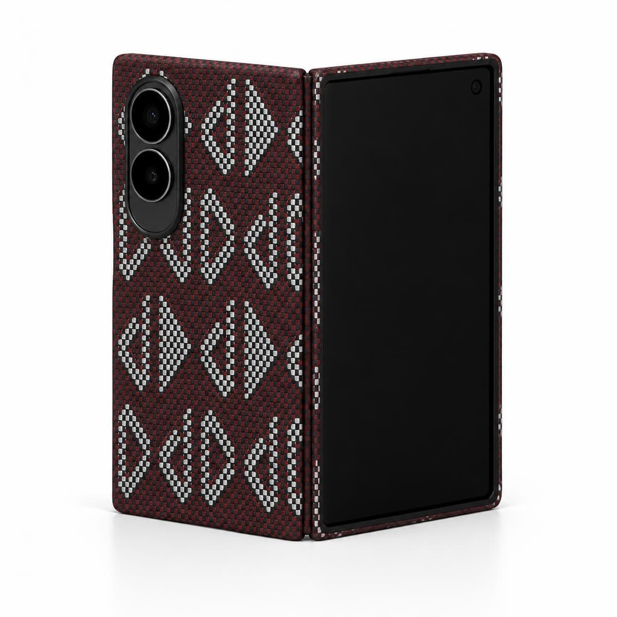 Galaxy Z Fold8 carbon fiber case, red silver geometric pattern — on the device