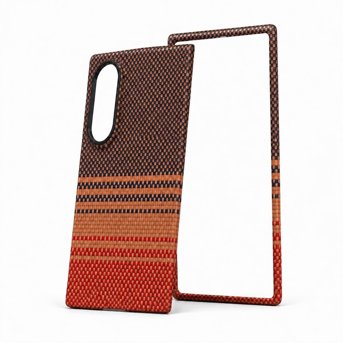 Galaxy Z Fold8 carbon fiber case at an angle showing its slim edge, Red Sunrise navy, copper and red weave