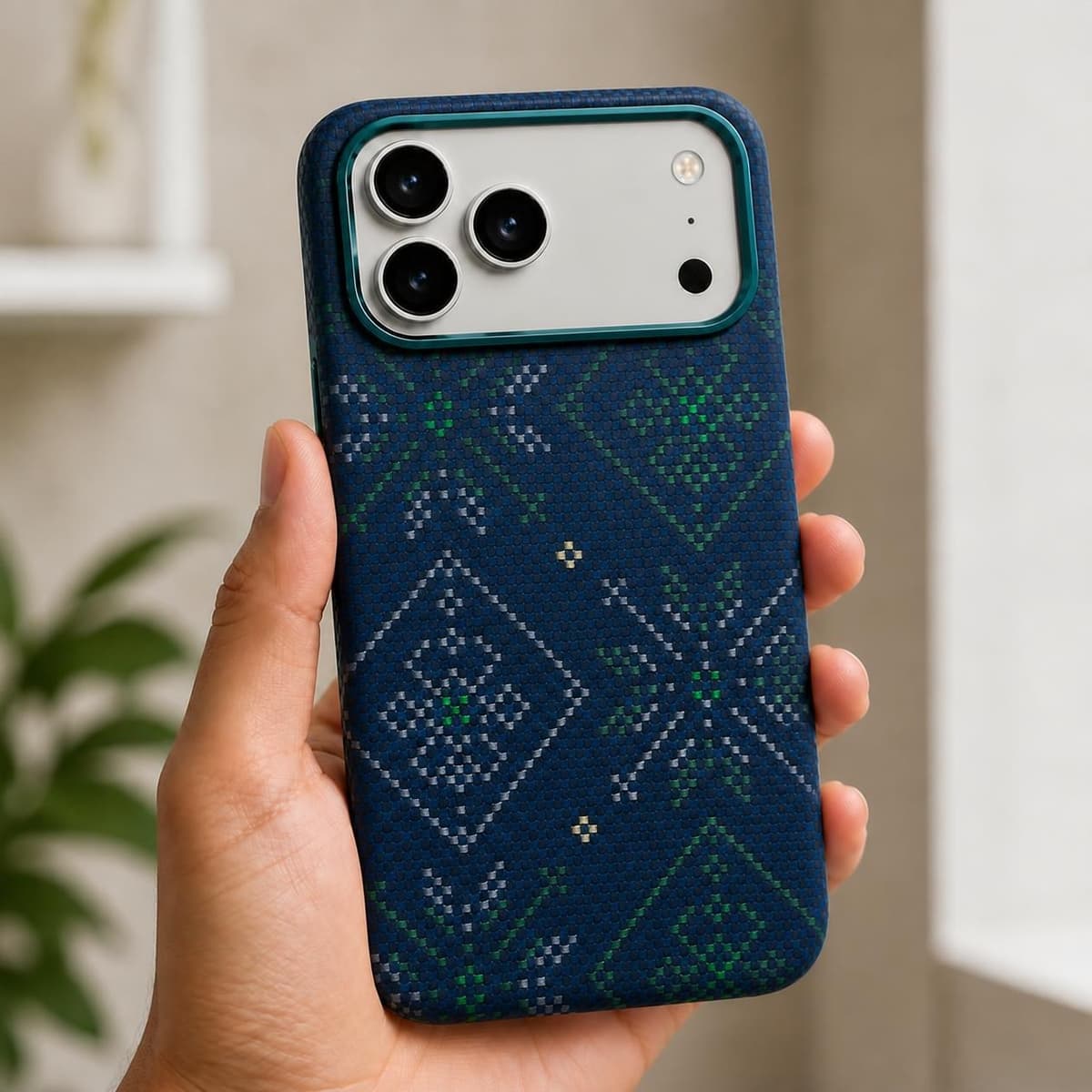 Carbon Fiber Case for iPhone 18 Pro Max — Blue Green Geometric — Camera Ring Stand