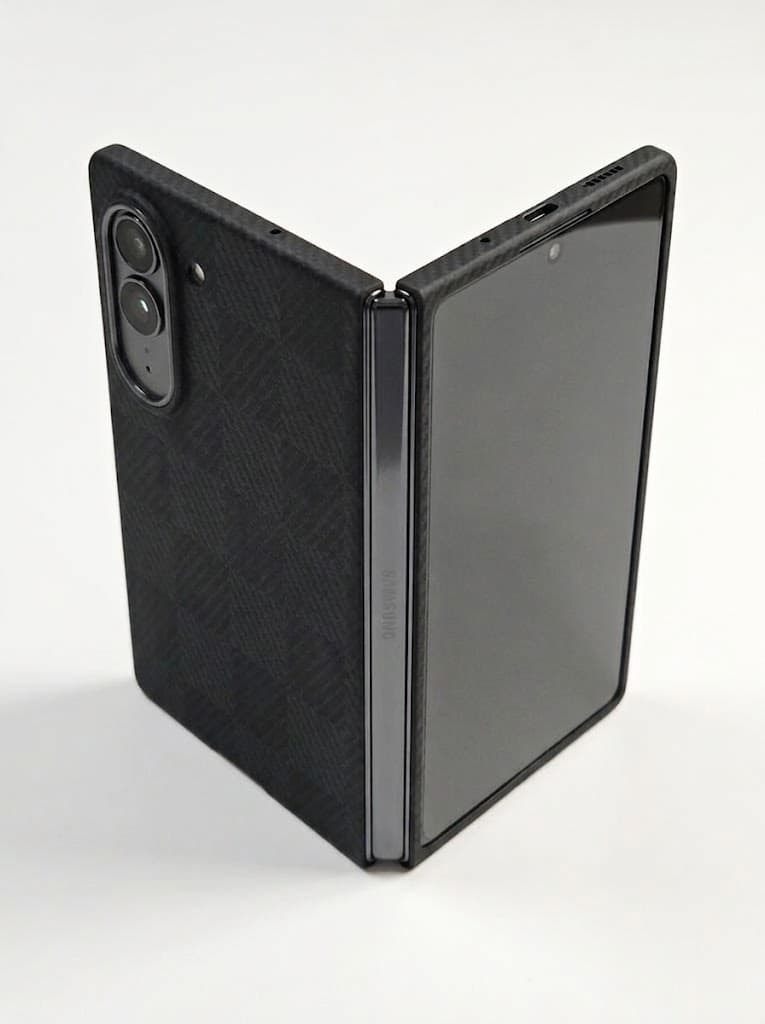 كفر كاربون فايبر أسود على هاتف Galaxy Z Fold8 من زاوية جانبية